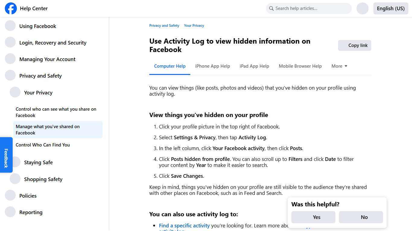 Use Activity Log to view hidden information on Facebook | Facebook Help Center