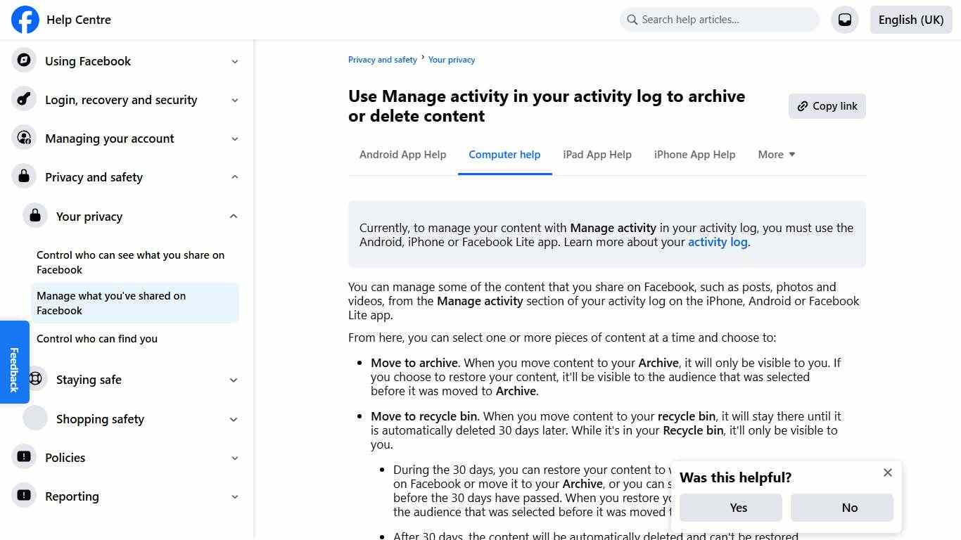 Use Manage activity in your activity log to archive or delete content | Facebook Help Centre