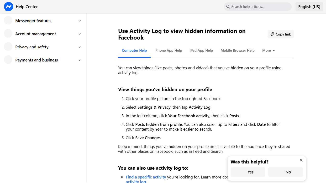Use Activity Log to view hidden information on Facebook | Messenger Help Center