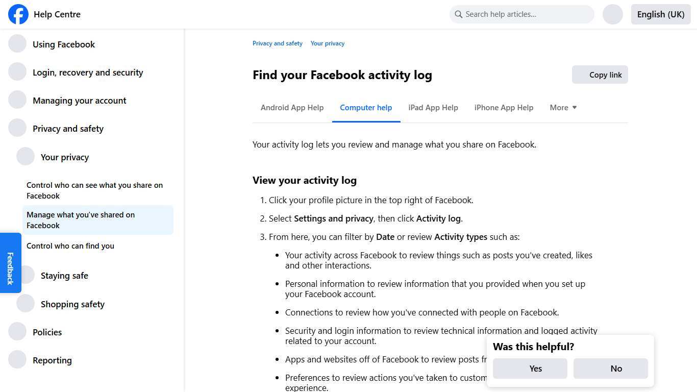 Find your Facebook activity log | Facebook Help Centre