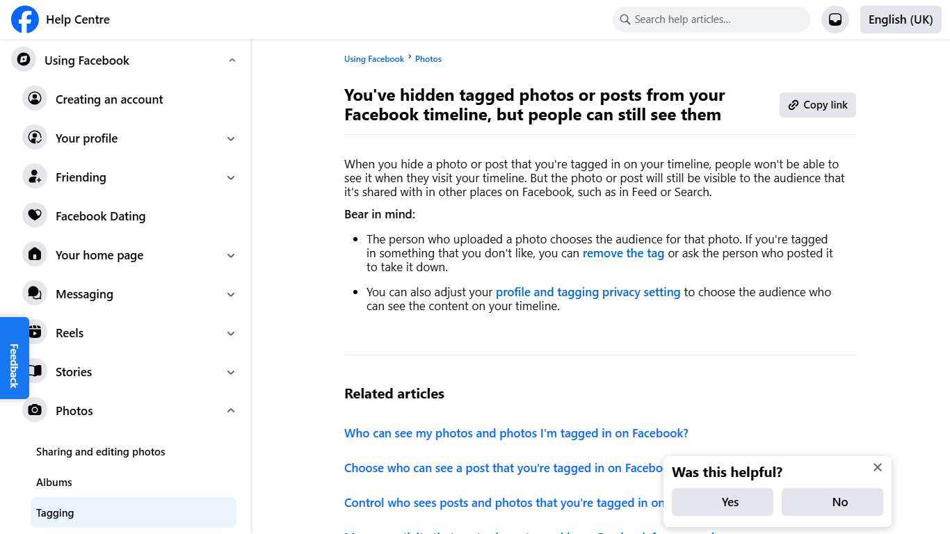 You've hidden tagged photos or posts from your Facebook timeline, but people can still see them | Facebook Help Centre
